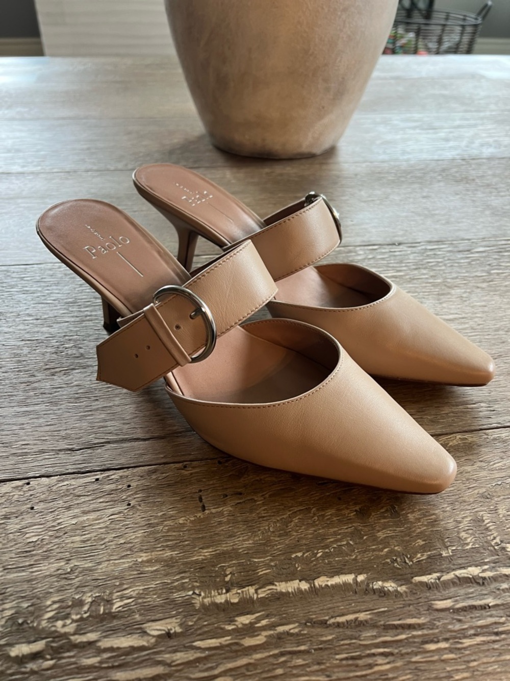 Paolo Blush Beige Pointed-Toe Buckle Mules - Picture 2 of 9